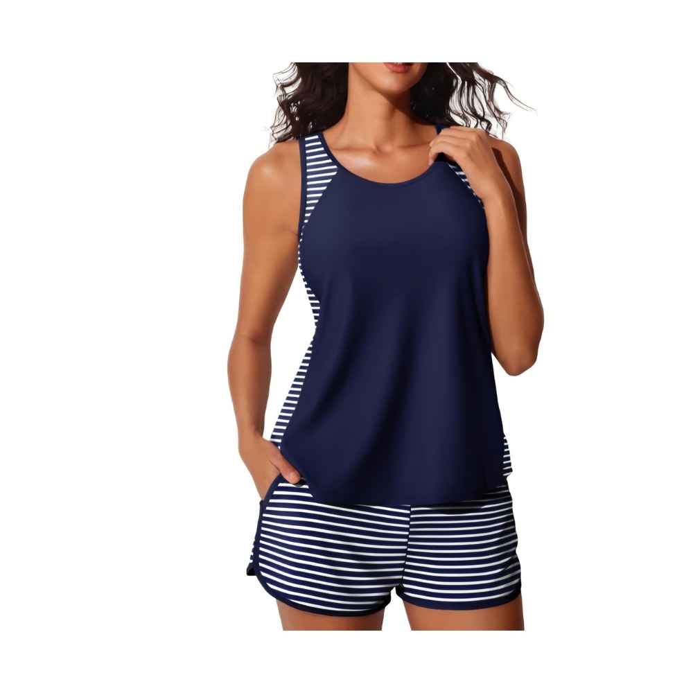 Summer Mae Navy Blue Striped Tankini Set Swimsuit with Shorts Size 10 NEW